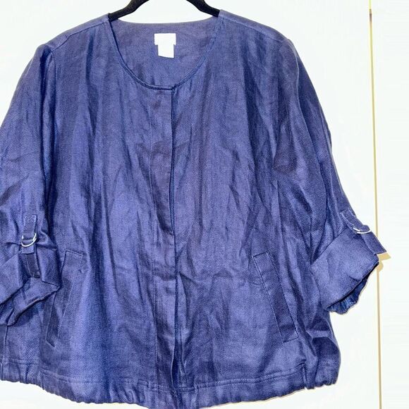 Chicos Women’s Snap Up 100% Linen Roll Tab Top Size 2P ( 12/14 Petite) - Picture 2 of 13